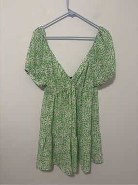 ASOS green gingham daisy puff sleeve dress